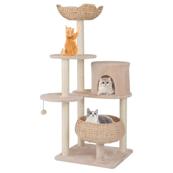 Arbre à Chat Tour pour Chat en Quenouille de 14 cm Poteaux à Gratter en Sisal Perchoir Ballon de Basket Condo Balle Suspendue Beige