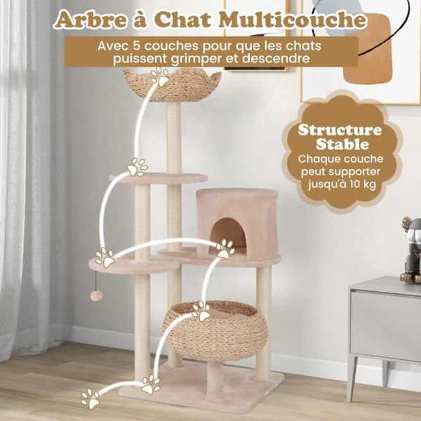 Arbre à Chat Tour pour Chat en Quenouille de 14 cm Poteaux à Gratter en Sisal Perchoir Ballon de Basket Condo Balle Suspendue Beige