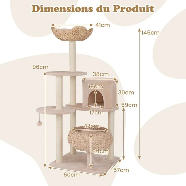 Arbre à Chat Tour pour Chat en Quenouille de 14 cm Poteaux à Gratter en Sisal Perchoir Ballon de Basket Condo Balle Suspendue Beige