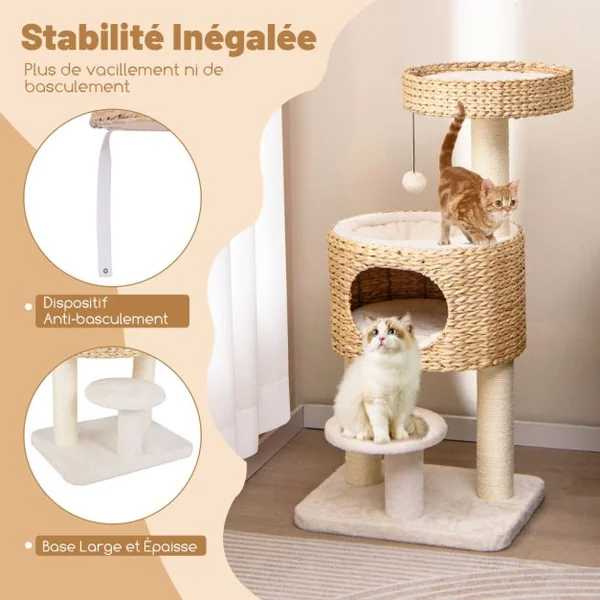 Arbre à Chat Tour pour Chat Moderne avec Perchoir Supérieur Condo en Peluche en Quenouilles Poteaux à Gratter en Sisal Jouet Suspendu Naturel