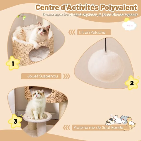 Arbre à Chat Tour pour Chat Moderne avec Perchoir Supérieur Condo en Peluche en Quenouilles Poteaux à Gratter en Sisal Jouet Suspendu Naturel