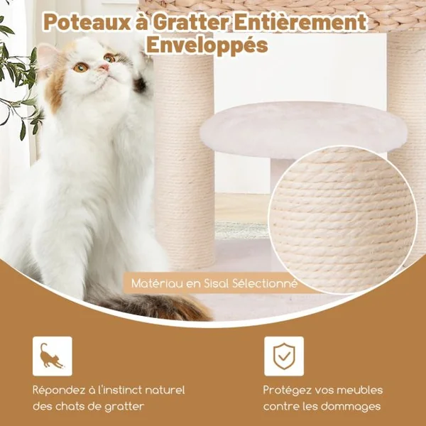 Arbre à Chat Tour pour Chat Moderne avec Perchoir Supérieur Condo en Peluche en Quenouilles Poteaux à Gratter en Sisal Jouet Suspendu Naturel