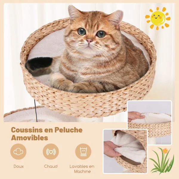 Arbre à Chat Tour pour Chat Moderne avec Perchoir Supérieur Condo en Peluche en Quenouilles Poteaux à Gratter en Sisal Jouet Suspendu Naturel