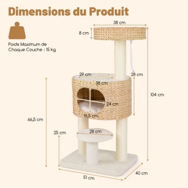 Arbre à Chat Tour pour Chat Moderne avec Perchoir Supérieur Condo en Peluche en Quenouilles Poteaux à Gratter en Sisal Jouet Suspendu Naturel