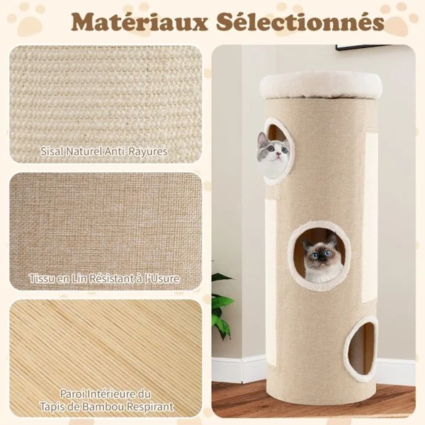 Arbre à Chat à 4 Niveaux Niche Surélevée avec Lit Amovible Tour d’Intérieur pour Chat avec Planche à Griffer en Sisal Blanc