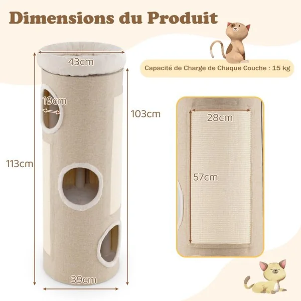 Arbre à Chat à 4 Niveaux Niche Surélevée avec Lit Amovible Tour d’Intérieur pour Chat avec Planche à Griffer en Sisal Blanc