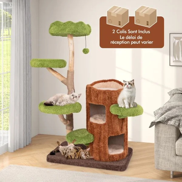 Arbre à Chat à Plusieurs Niveaux Tour pour Chat à 2 Etages Poteaux à Gratter en Sisal Perchoir Supérieur Plateformes Rondes Naturel