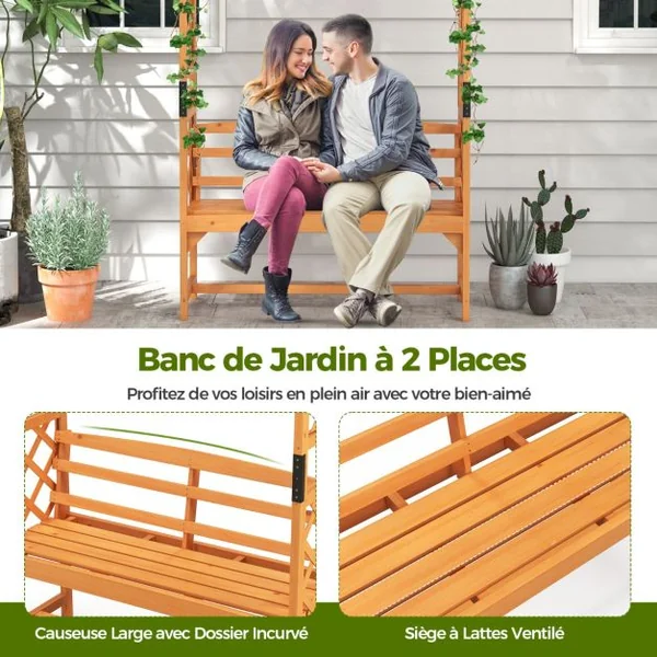 Arche de Jardin avec Banc 2 Places à Charge 300 KG 160 x 50 x 199 cm Siège Décoratif Vigne Rosier en Bois Extérieure Jaune