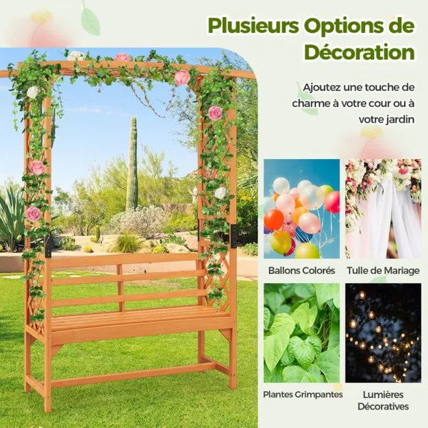 Arche de Jardin avec Banc 2 Places à Charge 300 KG 160 x 50 x 199 cm Siège Décoratif Vigne Rosier en Bois Extérieure Jaune