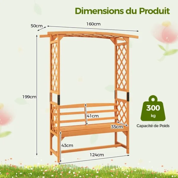 Arche de Jardin avec Banc 2 Places à Charge 300 KG 160 x 50 x 199 cm Siège Décoratif Vigne Rosier en Bois Extérieure Jaune