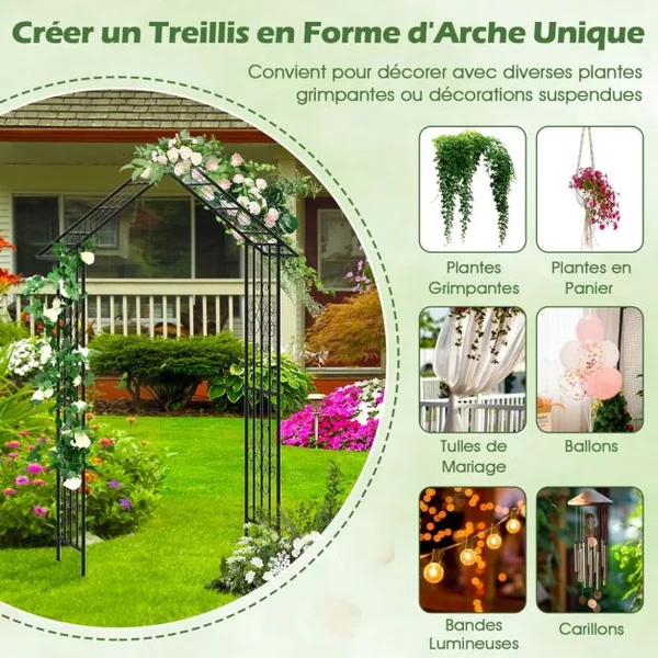 Arche de Jardin Moderne en Métal pour Plantes Grimpantes Treillis de Jardin Extérieur avec Toit Élégant 140 x 40 x 223 cm Noir