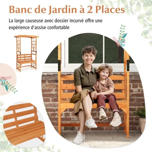 Arche de Jardin pour Plantes Grimpantes avec Banc 2 Places à Charge 300KG 120x58x189cm Siège Décoratif Vigne Rosier en Bois Extérieure Jaune
