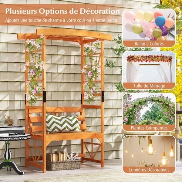 Arche de Jardin pour Plantes Grimpantes avec Banc 2 Places à Charge 300KG 120x58x189cm Siège Décoratif Vigne Rosier en Bois Extérieure Jaune