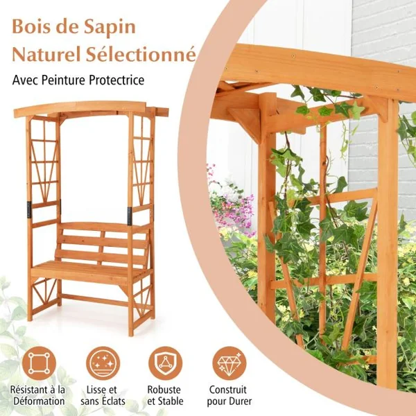 Arche de Jardin pour Plantes Grimpantes avec Banc 2 Places à Charge 300KG 120x58x189cm Siège Décoratif Vigne Rosier en Bois Extérieure Jaune