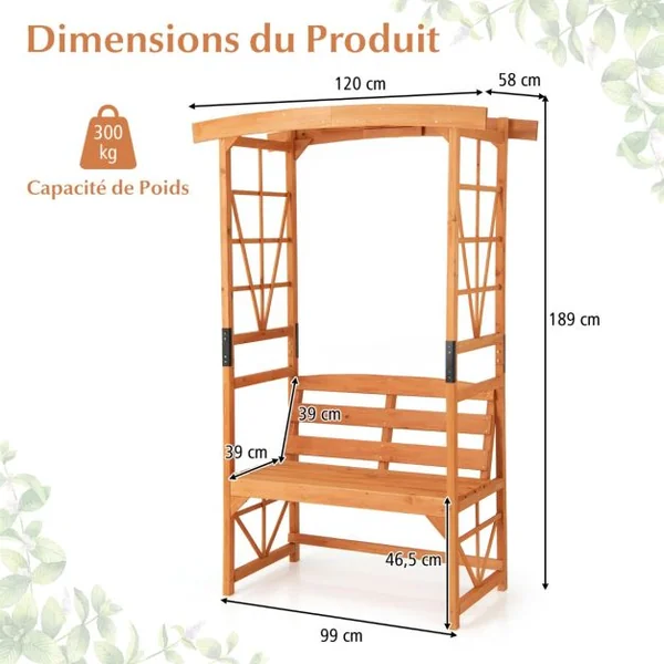 Arche de Jardin pour Plantes Grimpantes avec Banc 2 Places à Charge 300KG 120x58x189cm Siège Décoratif Vigne Rosier en Bois Extérieure Jaune