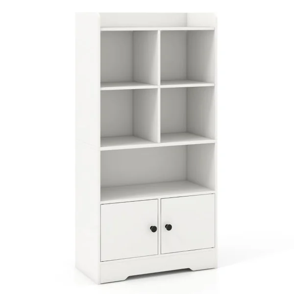 Armoire avec Portes Petite Bibliothèque avec 5 Compartiments de Rangement et 2 Portes Meuble De Rangement Autoportant Blanc