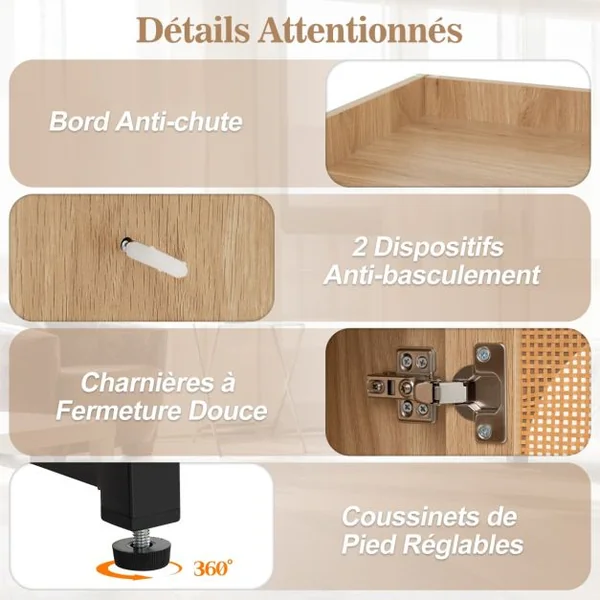 Armoire d’Angle en Rotin PE Etagère d’Angle Haute de 172cm 2 Portes 4 Etagères Ouvertes Kits Anti-basculement Patins Réglables Naturel