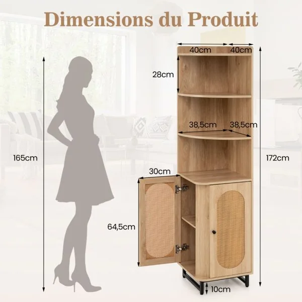 Armoire d’Angle en Rotin PE Etagère d’Angle Haute de 172cm 2 Portes 4 Etagères Ouvertes Kits Anti-basculement Patins Réglables Naturel