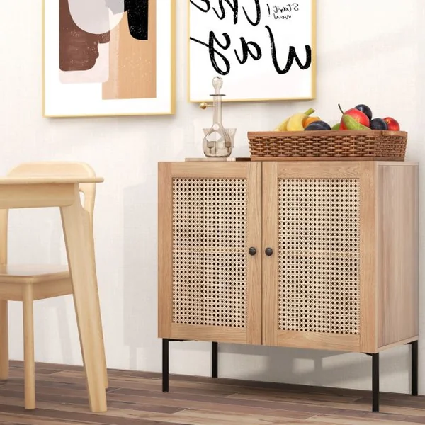 Armoire de Cuisine 2 Étagères Buffet 2 Portes Cannage Étagère Réglable Pieds en Métal Meuble de Rangement Bohème 80 x 40 x 80 cm Noyer