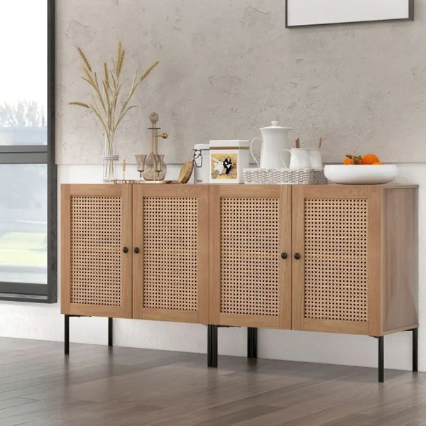 Armoire de Cuisine 2 Étagères Buffet 2 Portes Cannage Étagère Réglable Pieds en Métal Meuble de Rangement Bohème 80 x 40 x 80 cm Noyer