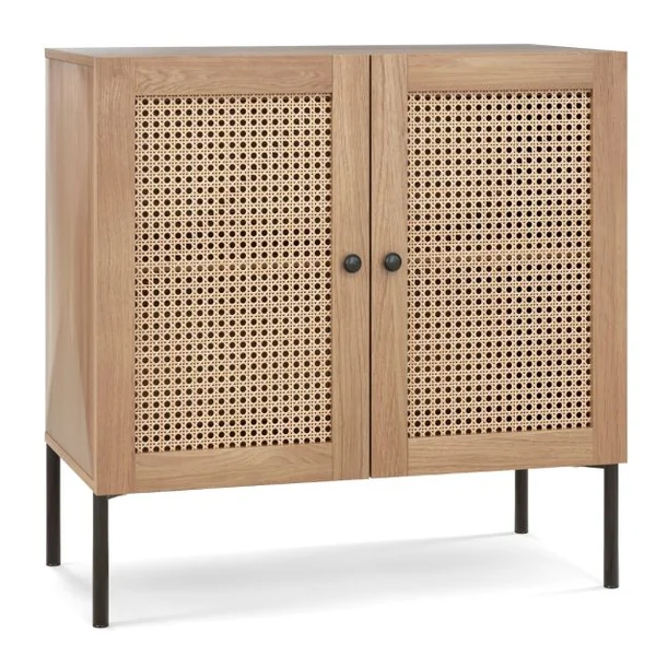 Armoire de Cuisine 2 Étagères Buffet 2 Portes Cannage Étagère Réglable Pieds en Métal Meuble de Rangement Bohème 80 x 40 x 80 cm Noyer