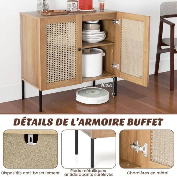 Armoire de Cuisine 2 Étagères Buffet 2 Portes Cannage Étagère Réglable Pieds en Métal Meuble de Rangement Bohème 80 x 40 x 80 cm Noyer