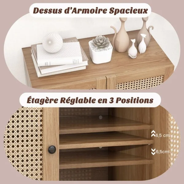 Armoire de Cuisine 2 Étagères Buffet 2 Portes Cannage Étagère Réglable Pieds en Métal Meuble de Rangement Bohème 80 x 40 x 80 cm Noyer