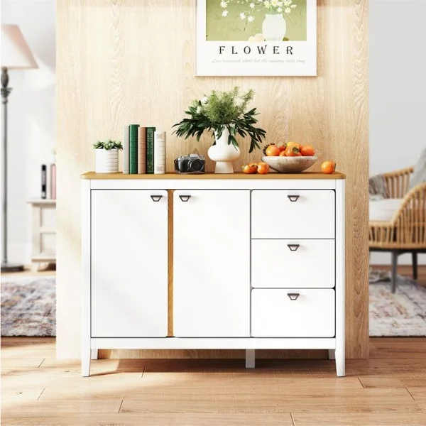 Armoire de Cuisine à 2 Portes et 3 Tiroirs Coulissants Buffet de Cuisine en Bois avec Kits Anti-basculement Armoire Indépendante Blanc