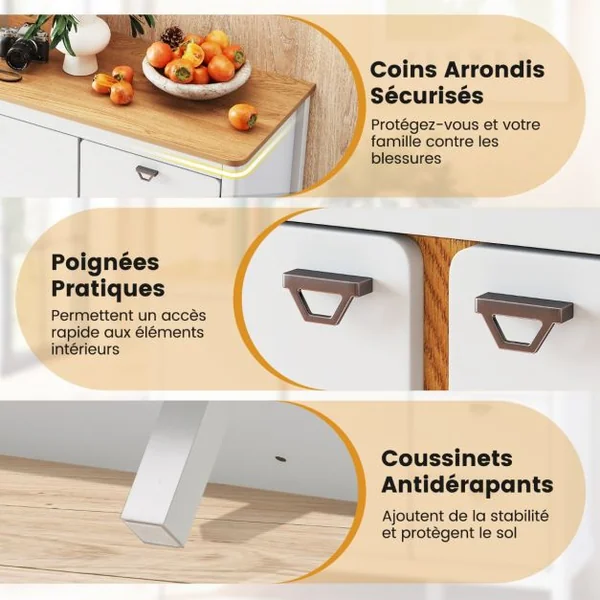 Armoire de Cuisine à 2 Portes et 3 Tiroirs Coulissants Buffet de Cuisine en Bois avec Kits Anti-basculement Armoire Indépendante Blanc