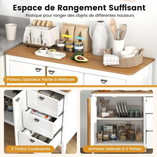 Armoire de Cuisine à 2 Portes et 3 Tiroirs Coulissants Buffet de Cuisine en Bois avec Kits Anti-basculement Armoire Indépendante Blanc