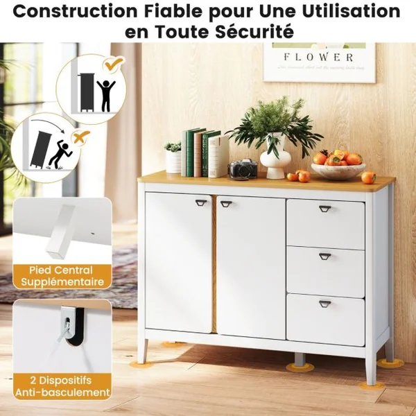Armoire de Cuisine à 2 Portes et 3 Tiroirs Coulissants Buffet de Cuisine en Bois avec Kits Anti-basculement Armoire Indépendante Blanc