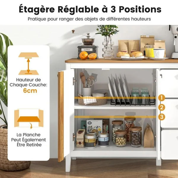 Armoire de Cuisine à 2 Portes et 3 Tiroirs Coulissants Buffet de Cuisine en Bois avec Kits Anti-basculement Armoire Indépendante Blanc