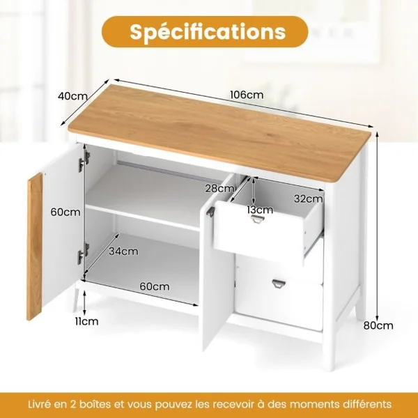Armoire de Cuisine à 2 Portes et 3 Tiroirs Coulissants Buffet de Cuisine en Bois avec Kits Anti-basculement Armoire Indépendante Blanc