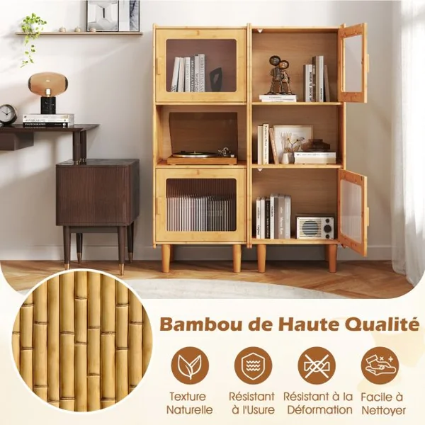Armoire de Cuisine à 3 Compartiments Ouverts et Fermés 2 Portes en Acrylique Bibliothèque Autoportante Naturel