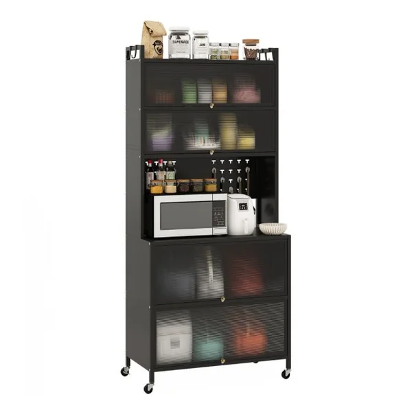 Armoire de Cuisine à 6 Niveaux Buffet avec Huches Portes Battantes Plan de Travail pour Micro-ondes Panneau Perforé avec Crochets Noir/Blanc/Gris