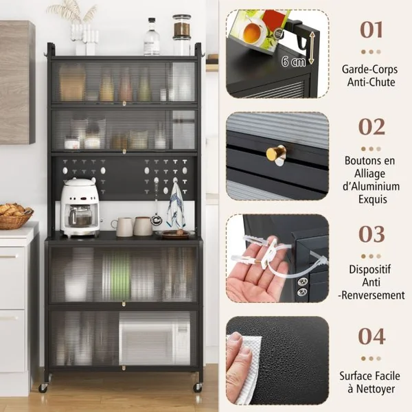 Armoire de Cuisine à 6 Niveaux Buffet avec Huches Portes Battantes Plan de Travail pour Micro-ondes Panneau Perforé avec Crochets Noir/Blanc/Gris