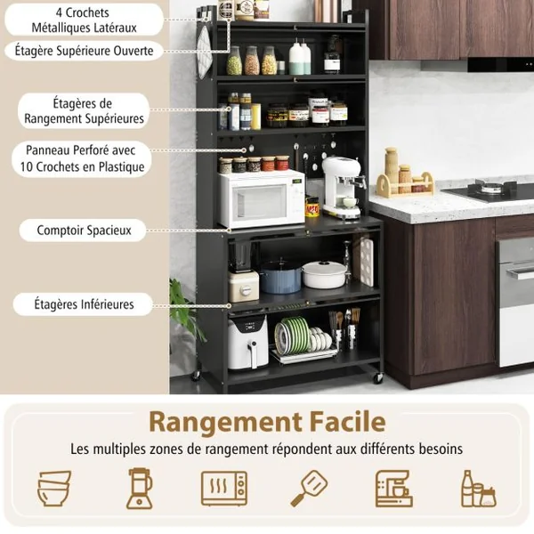 Armoire de Cuisine à 6 Niveaux Buffet avec Huches Portes Battantes Plan de Travail pour Micro-ondes Panneau Perforé avec Crochets Noir/Blanc/Gris