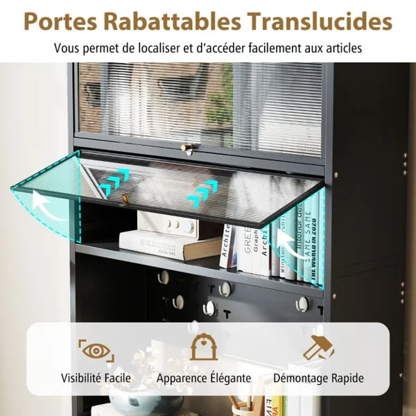Armoire de Cuisine à 6 Niveaux Buffet avec Huches Portes Battantes Plan de Travail pour Micro-ondes Panneau Perforé avec Crochets Noir/Blanc/Gris