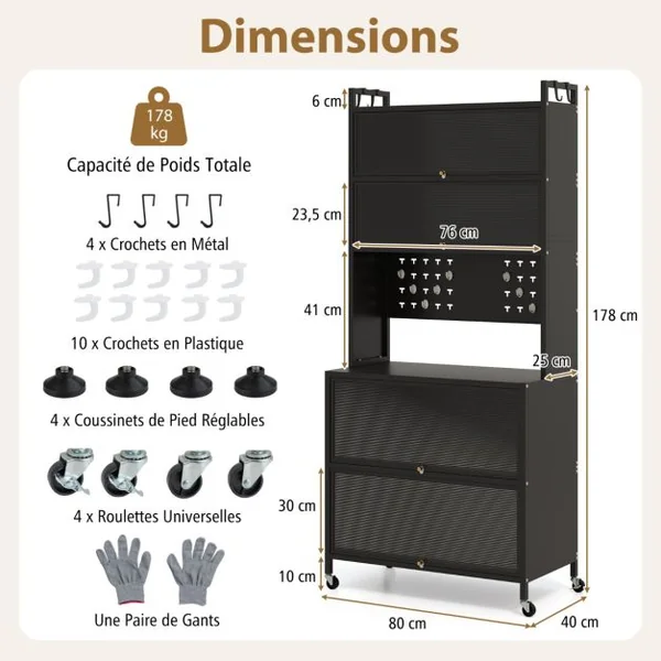 Armoire de Cuisine à 6 Niveaux Buffet avec Huches Portes Battantes Plan de Travail pour Micro-ondes Panneau Perforé avec Crochets Noir/Blanc/Gris