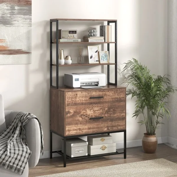Armoire de Fichier avec Station de Charge Bibliothèques Ouvertes avec 3 Étagères Ouvertes et Grand Tiroir Compatible Brun Rustique/Gris
