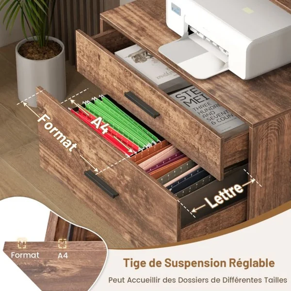 Armoire de Fichier avec Station de Charge Bibliothèques Ouvertes avec 3 Étagères Ouvertes et Grand Tiroir Compatible Brun Rustique/Gris