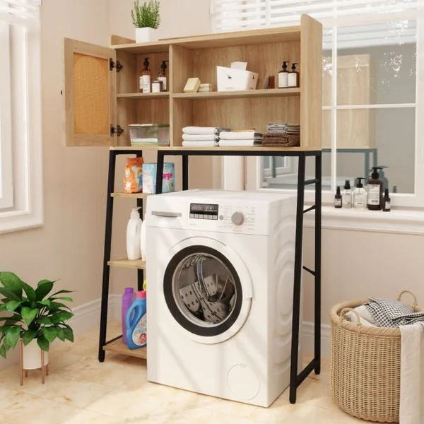 Armoire de Rangement Au-dessus des Toilettes Organisateur Peu Encombrant Porte en Rotin PE Etagères Ouvertes et Réglables Naturel