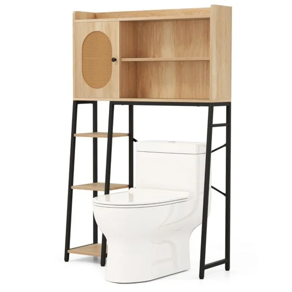 Armoire de Rangement Au-dessus des Toilettes Organisateur Peu Encombrant Porte en Rotin PE Etagères Ouvertes et Réglables Naturel