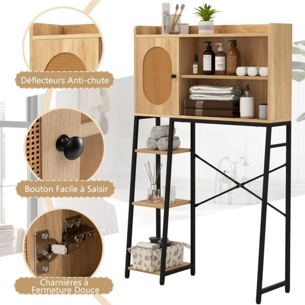 Armoire de Rangement Au-dessus des Toilettes Organisateur Peu Encombrant Porte en Rotin PE Etagères Ouvertes et Réglables Naturel