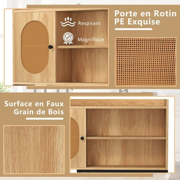 Armoire de Rangement Au-dessus des Toilettes Organisateur Peu Encombrant Porte en Rotin PE Etagères Ouvertes et Réglables Naturel