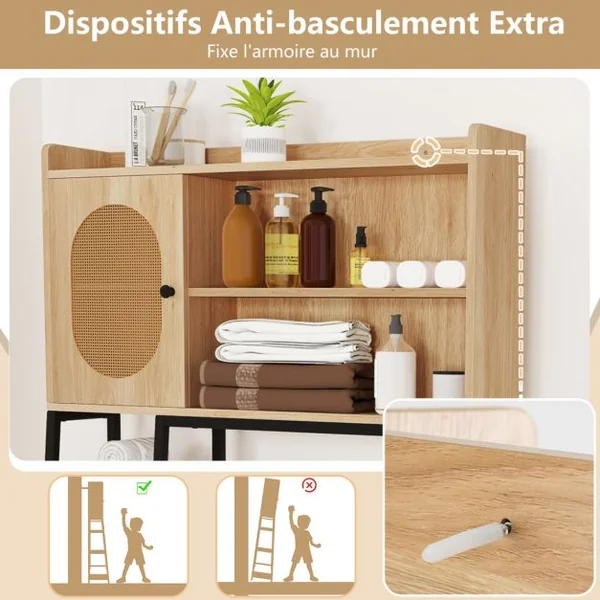 Armoire de Rangement Au-dessus des Toilettes Organisateur Peu Encombrant Porte en Rotin PE Etagères Ouvertes et Réglables Naturel