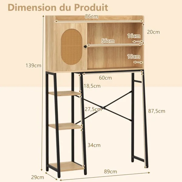 Armoire de Rangement Au-dessus des Toilettes Organisateur Peu Encombrant Porte en Rotin PE Etagères Ouvertes et Réglables Naturel