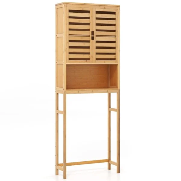 Armoire de Rangement Au-dessus des Toilettes Étagère de Salle de Bain en Bambou Haute avec 2 Portes et Étagère Ouverte 62X23X170CM Naturel