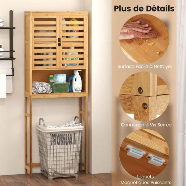 Armoire de Rangement Au-dessus des Toilettes Étagère de Salle de Bain en Bambou Haute avec 2 Portes et Étagère Ouverte 62X23X170CM Naturel