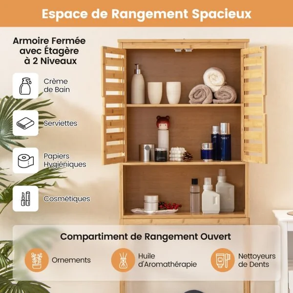 Armoire de Rangement Au-dessus des Toilettes Étagère de Salle de Bain en Bambou Haute avec 2 Portes et Étagère Ouverte 62X23X170CM Naturel